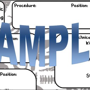 May include: A white and black radiographic positioning chart with the word "SAMPLE" in large blue letters. The chart includes labeled sections for procedures, positions, and technical factors, with a skeletal illustration in the background.