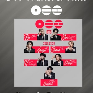 May include: DTF Transfer Film graphic with the text "Ready To Press." The design features the BTS logo and images of the band members with their signatures. The date "2026.03.20" is also included.