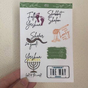 Hoja de pegatinas de 4 x 6 pulgadas: Shalom, Yeshua, Shofar, Menorá, Biblia, Mesiánico, Hebreo