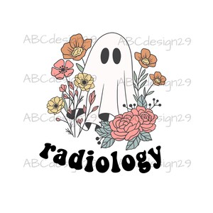 Pode incluir: Ilustração de um fantasma branco com olhos pretos, rodeado por flores nas cores pêssego, rosa e amarelo. A palavra "radiology" está escrita em preto, com uma fonte retrô, abaixo do fantasma.