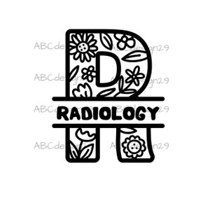 May include: Black and white illustration of the letter "R" with floral designs. The letter is surrounded by a banner with the word "RADIOLOGY" written in all caps.