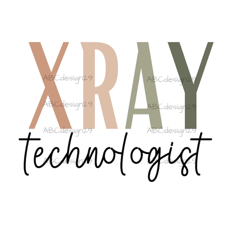 Może przedstawiać: Projekt graficzny z tekstem "XRAY technologist" w czarnym, ozdobnym pismie. Słowo "XRAY" jest napisane dużymi, pogrubionymi literami, przy czym "X" jest brązowe, "R" jasnor&oacute;żowe, "A" jasnozielone, a "Y" ciemnozielone.
