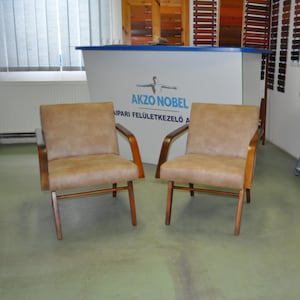 1960s Pair of Restored Armchairs | Brown Faux Leather Mid-Century Chairs | Vintage Czechoslovak Design | Retro Wood Armchairs