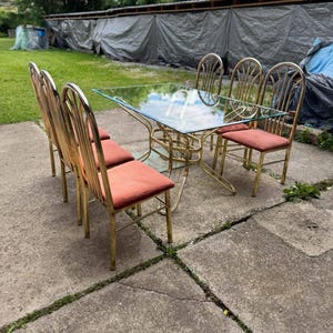 Vintage Italian Dining Set, 1970s Brass Table and 6 Chairs, Mid Century Modern Glam Dining Furniture, Hollywood Regency Style