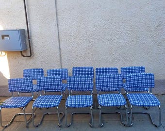 1 of 10 Stackable Vintage Chrome Cantilever Chairs with Blue Checkered Upholstery, 1970s