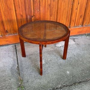 1930s Art Deco Round Side Table with Cane Top and Walnut Wooden Frame