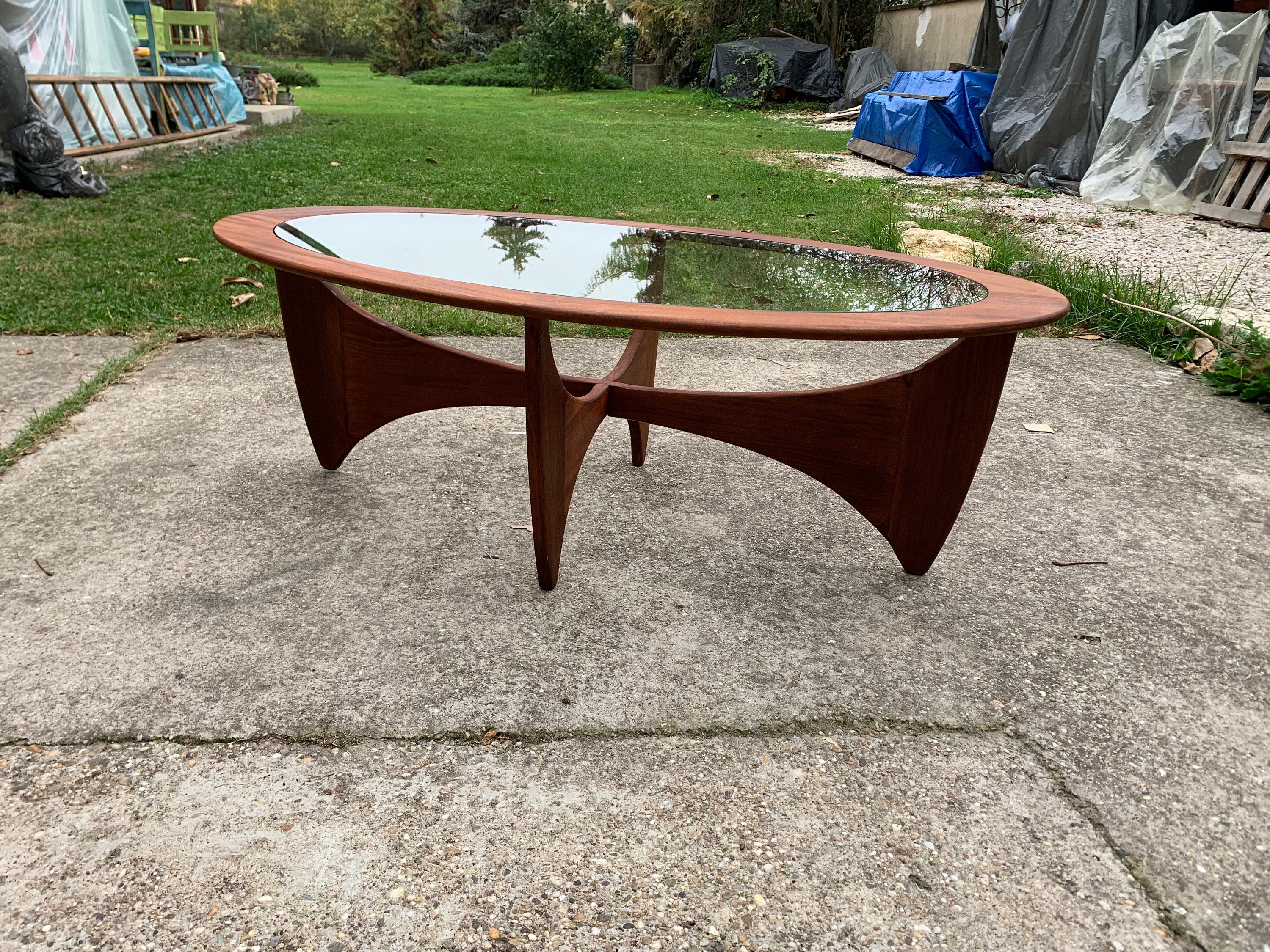 Oval Teak Astro Coffee Table With Glass Top by Victor Wilkins for