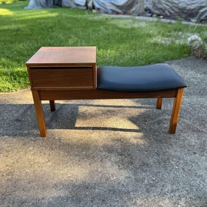 Vintage Teak Telephone Bench, 1960s Mid Century Modern Entryway Seat with Vinyl Upholstery – Restored Retro Hallway Furniture
