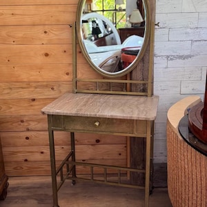 Vintage 1940s French Art Deco Brass And Marble  Vanity Table