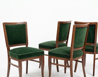4er Set Biedermeier Esszimmerstühle / Grüne Samtstühle im antiken Stil / Elegantes traditionelles Esszimmerset