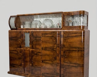Art Deco Display Cabinet, 1940s Walnut Veneer Sideboard with Glass Doors, Vintage Buffet Hutch, Mid-Century Bar Cabinet