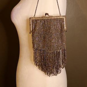 1920’s Evening Bag RARE Vintage Iridescent Gray/Purple/Blue Beaded with Chain Strap and Beaded Fringe