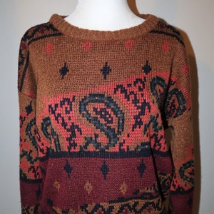 Vintage 1980’s Brown Sweater with Floral Print Pink/Purple/Turquoise/Navy- Michael Gerald Brand- Tag size Medium