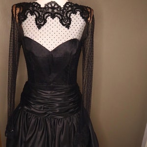1980&#39;s Beaded Cocktail Dress Swiss Dot Sheer Sleeve Formal Vintage - Carole Mignon Boutique Brand - No Tag Size