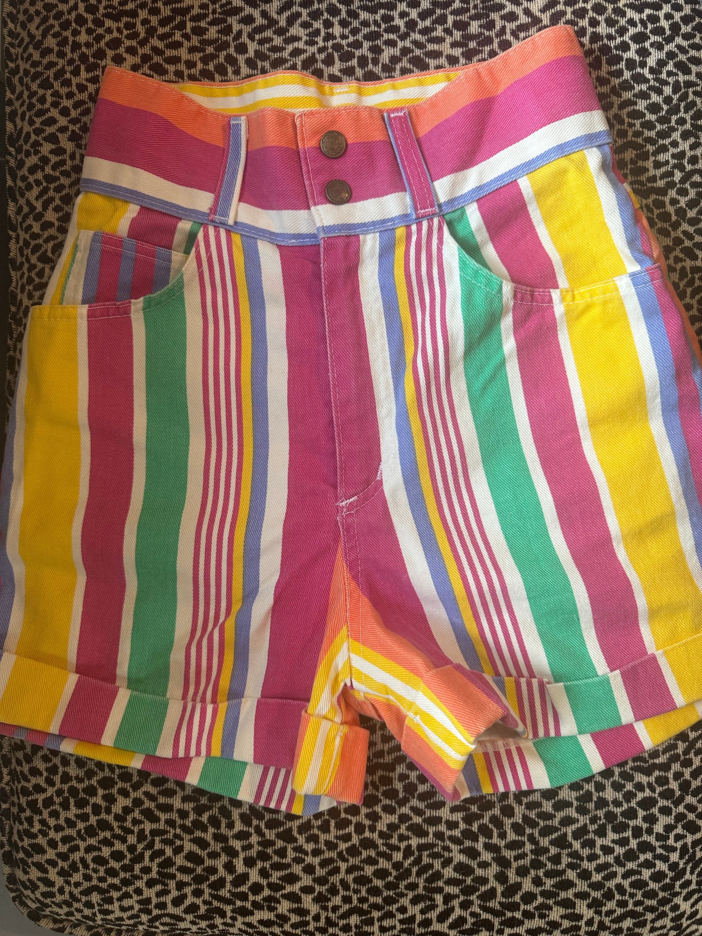 Vintage 1990s Shorts High Waisted Colorful Striped Denim