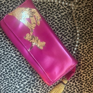 Vintage 1990’s/Y2k Transversion Hot Pink Crossbody Purse with Gold Sequin Hand/Flower