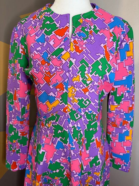 1970’s Maxi Dress Puzzle Print Long-sleeve Vintag… - image 1