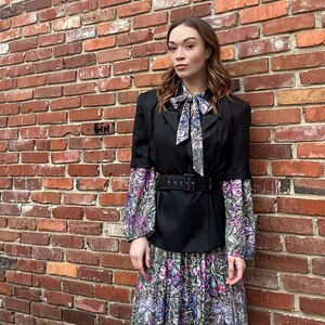 Vintage 1980’s Purple Floral Long-sleeve “Secretary” Dress with Tie Neck • Anthony Richards Brand • tag size 16