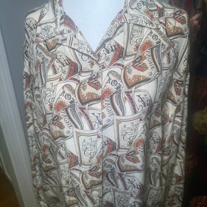 Vintage 1990s Silk Champagne/Wine Label Print Button Down Shirt- Jones New York Brand- Tag size 12