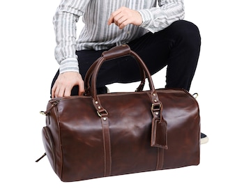 Personalized Leather Duffle Bag, Handmade Weekender Travel Bag