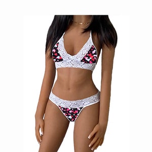 Hearts Lingerie White Lace Tie-Top and String or Thong Panty, Love Heart White 3, X-Small to Large, Made to Order