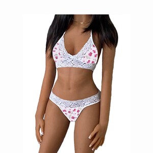 Hearts Lingerie White Lace Tie-Top and String or Thong Panty, Love Heart White 2, X-Small to Large, Made to Order