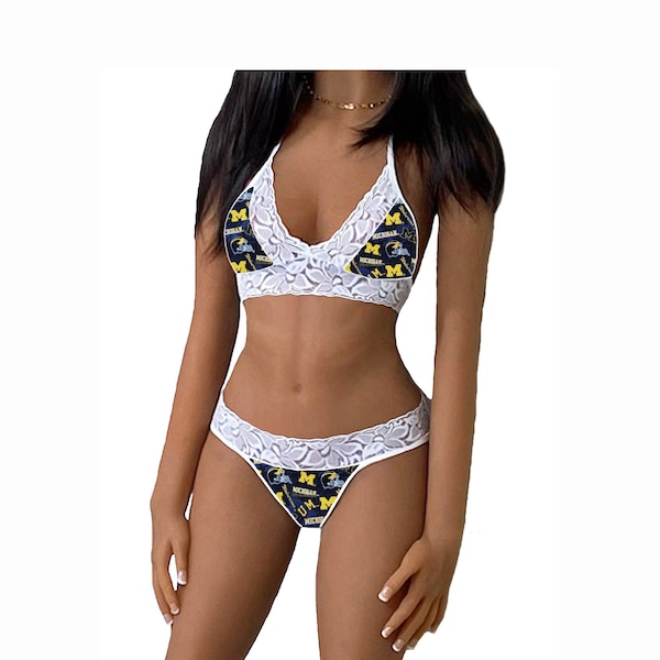 White Lace Lingerie Tie-Top and String Panty Set Made w/Michigan Wolverines Fabric, Michigan Wolverines Lingerie, Ready to Ship!!