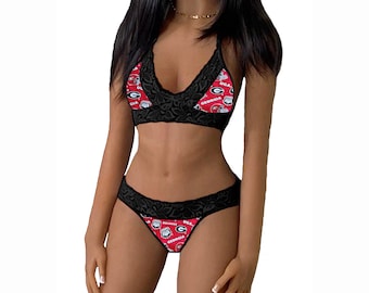 Lace Lingerie Tie-Top and Thong or String Panty Set Made w/Georgia Bulldogs Fabric, Georgia Bulldogs Lingerie, Made to Order, XS - L