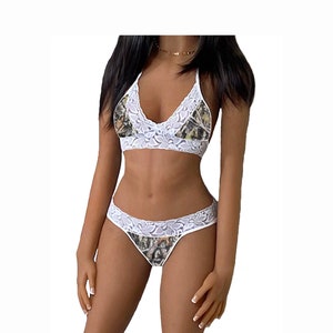 Camo Lingerie Camouflage White Lace Tie-Top and String or Thong Panty Set, X-Small to Large, Made to Order
