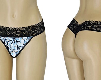 Emperor Penguin Black Lace String Thong Panty Panty Underwear - Custom Sizing - XLarge to 2X Plus - Made to Order!