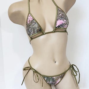 Pink Camo String Thong Bikini, Camo Green Trim, with Underboob Cut Out Top, Choice of Bottom Style! -  Made to Order