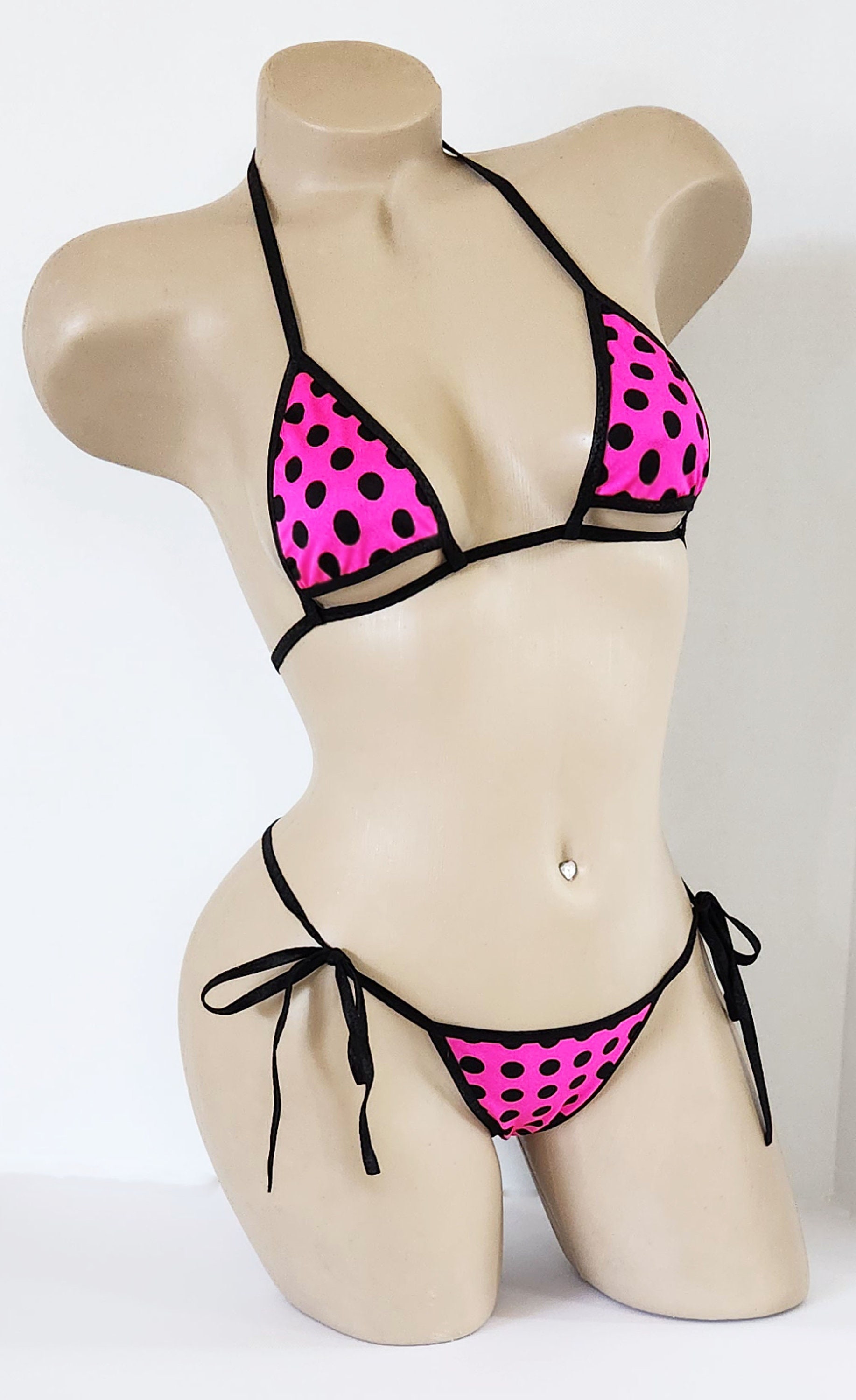 Hot Pink With Black Polka Dots String Thong Bikini With Underboob Cut Out Top Choice of Bottom Style Made to Order Etsy Canada
