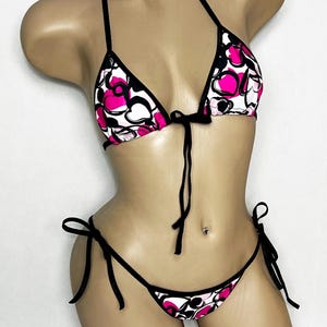 Black and Hot Pink Hearts  Bikini w/ Front Tie Top! Black Trim, Scrunched or Not! - Custom Sizing - Made to Order - XS - Large