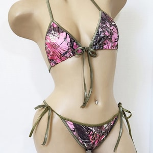 Pink Camo String Bikini w/ Front Tie Top, Camo Green Trim! Camouflage Bikini - Scrunched or Not - Custom Sizing - Made to Order - XS - Large