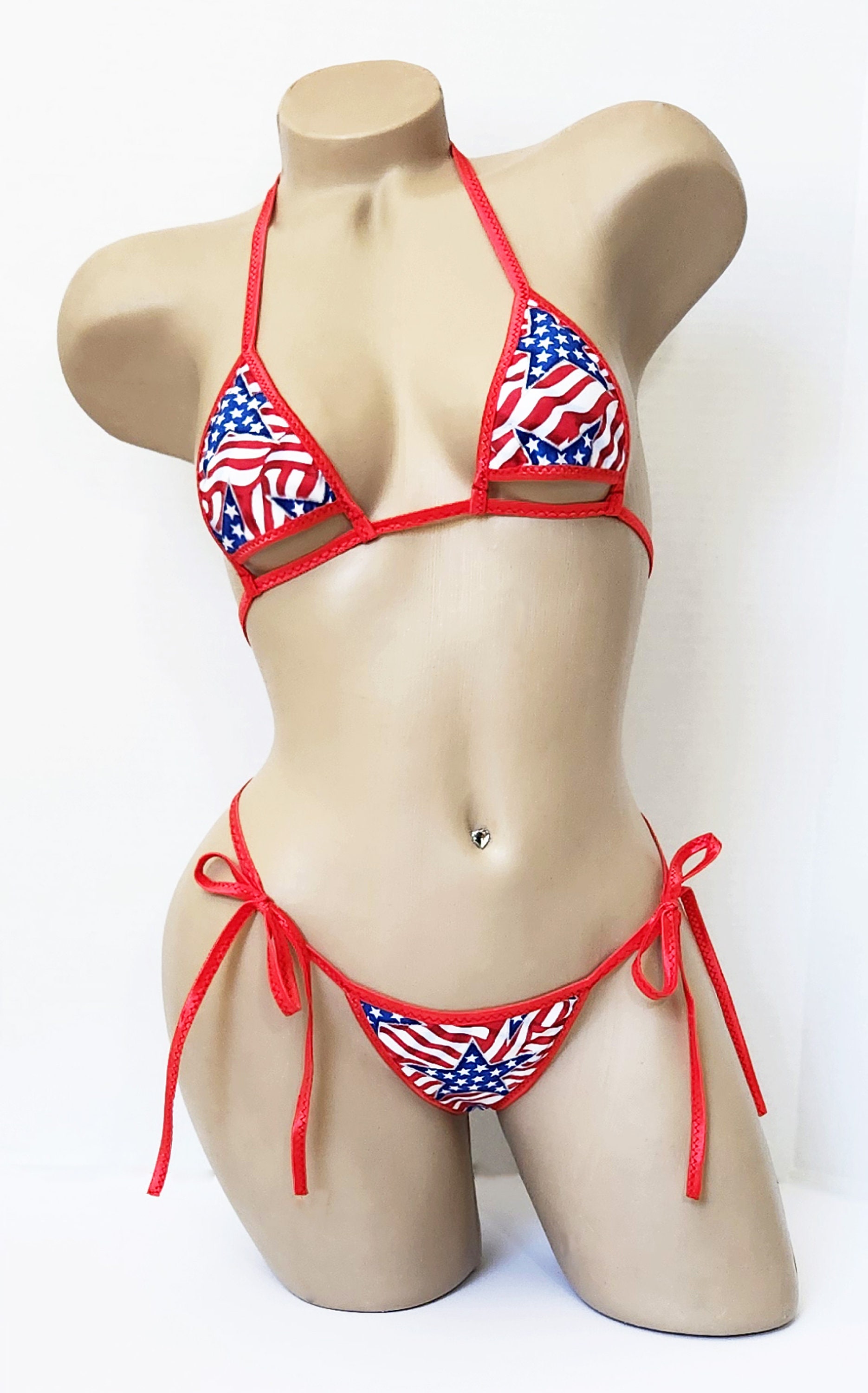 TEENY Bikini American Flag String Thong Bikini W adjustable Underboob Cut Out Top and Red Trim ONE SIZE Made to Order Etsy