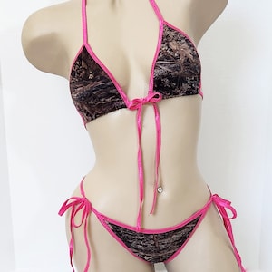 Camo String Bikini with Front Tie Top, Hot Pink Trim! Camouflage Bikini - Scrunched or Not - Custom Sizing - Made to Order - XS - Large