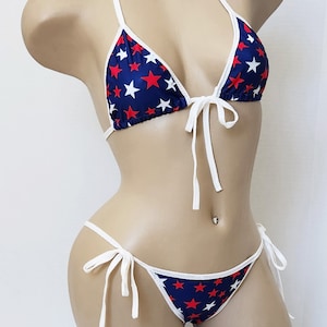 Red White and Blue Stars String Bikini w/Front Tie Top! American Flag Bikini - Scrunched or Not - Custom Sizing - Made to Order - XS - Large