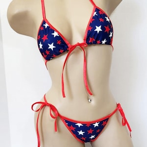 Red White and Blue Stars String Bikini w/Front Tie Top, Red Trim! American Flag Bikini - Scrunched or Not - Made to Order - XS - Large