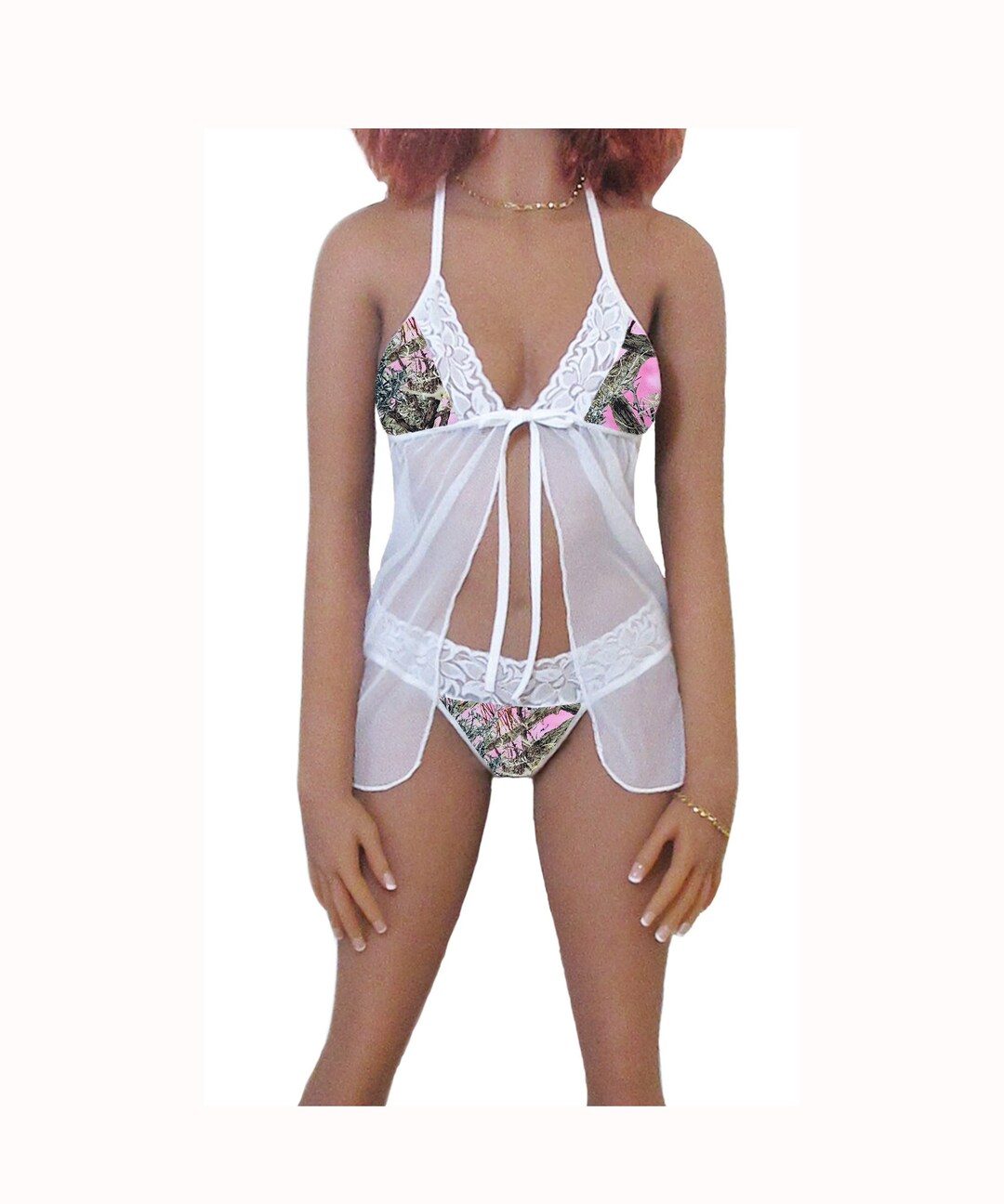 Pink Camo Lingerie Camouflage White Lace Babydoll Top and String Thong Panty, Xsmall to Large