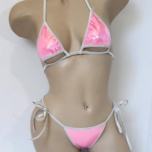 Pink with Silver Tiny Dots String Thong Bikini with Underboob Cut Out Top, Trimmed in Silver - Choice of Bottom Style! - Made to Order