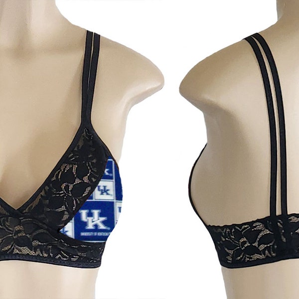 Bralette made with Kentucky Wildcats Fabric 1, Kentucky Wildcats Black Lace Cami Top 1, Sizes XS - L, Made to Order