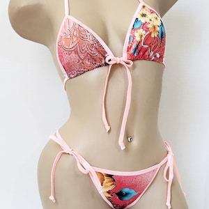Pink Floral Print String Bikini w/ Front Tie Top and Pink Trim, Scrunched or Not! - Custom Sizing - Made to Order - XS - Large