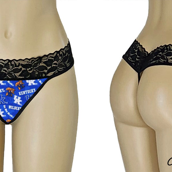Black Lace String Panty made with Kentucky Wildcats Fabric 2, Kentucky Wildcats Thong, X-Small to Large, Made to Order
