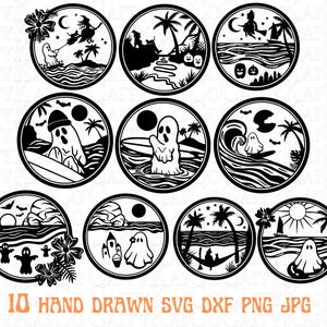 May include: Ten black and white illustrations of ghosts on the beach. The illustrations include ghosts surfing, ghosts on a surfboard, ghosts in a hammock, ghosts with palm trees, and ghosts with a witch on a broomstick. The illustrations are in a circle shape and have a white background.