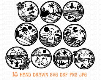 Beach Halloween SVG bundle of 10, Tropical beach scene SVG, surfer ghost svg,witch svg,palm tree svg,png,funny shirt designs,download files