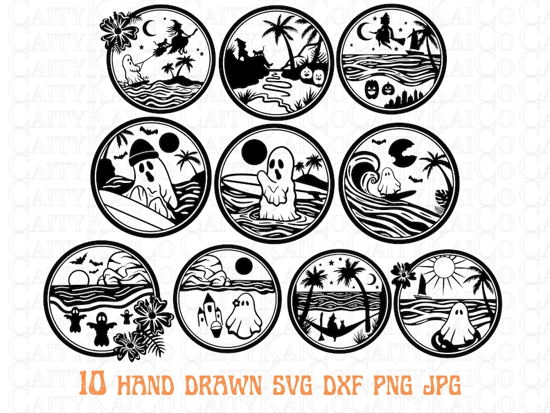 May include: Ten black and white illustrations of ghosts on the beach. The illustrations include ghosts surfing, ghosts on a surfboard, ghosts in a hammock, ghosts with palm trees, and ghosts with a witch on a broomstick. The illustrations are in a circle shape and have a white background.