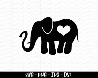 Elephant svg, elephant heart svg, elephant silhouette clipart, cut file, png, dxf, jpg, instant digital download file