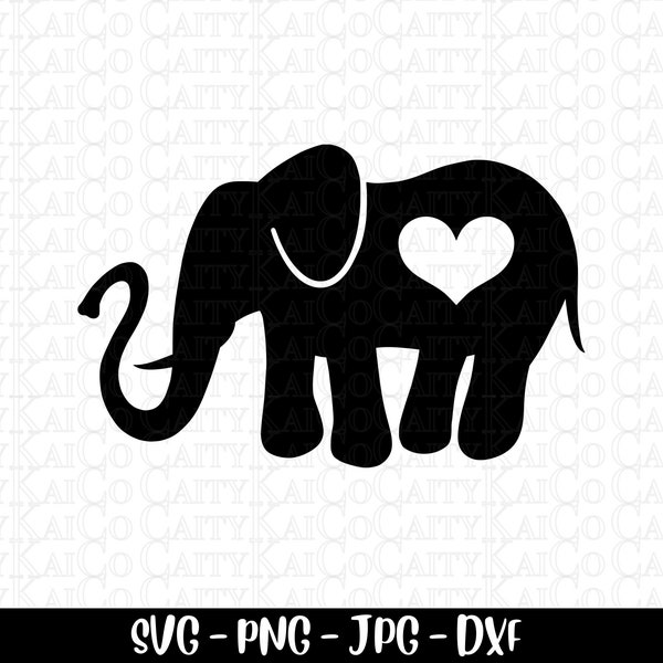 Elephant svg, elephant heart svg, elephant silhouette clipart, cut file, png, dxf, jpg, instant digital download file