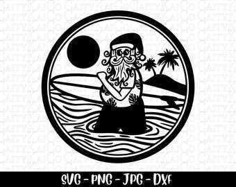 Santa Beach Christmas svg, surfing Santa svg, tropical beach scene svg, island clipart, funny holiday shirt design, Digital download