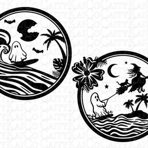 May include: Two black and white circular designs featuring a ghost surfing on a wave with a palm tree and a ghost being towed by a witch on a broomstick with a cat and palm trees.
